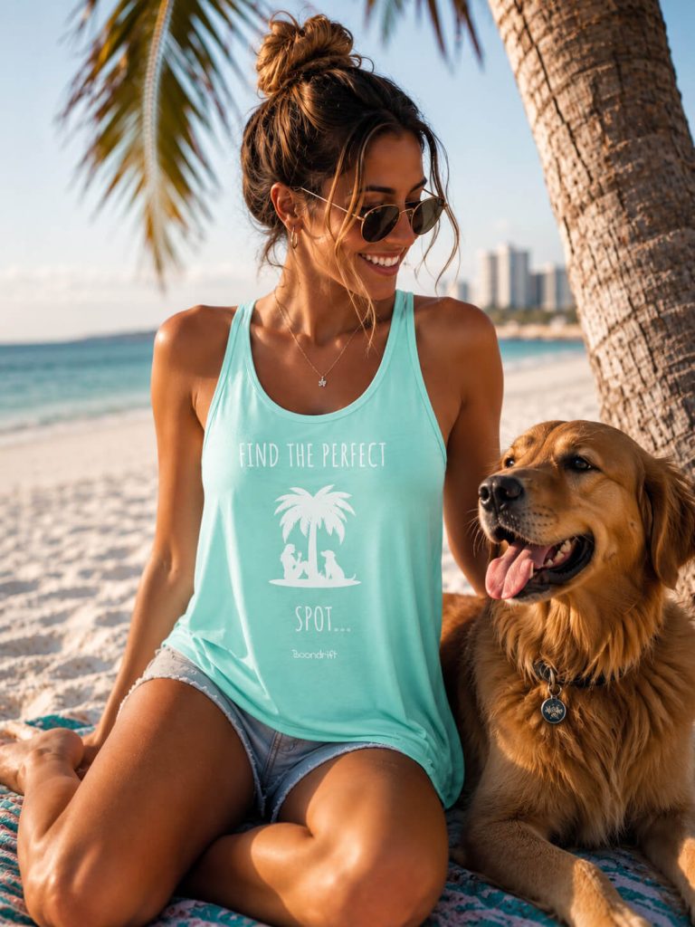 Beautiful woman sitting underneath palm tree with dog wearing Find the Right Spot mint racerback tank from Boondrift.