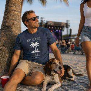 Man with his dog and a shirt from Boondrift that says "Find the Perfect Spot". They are both under a palm tree, just like on the shirt.