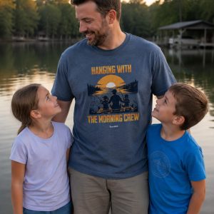 Father with kids at lake early morning. Father is wearing shirt that reads "Hanging with the Morning Crew" from Boondrift and features a dad and two kids fishing on it.