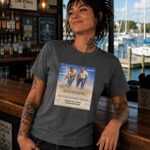 Beautiful punk rock woman wearing Boondrift Sports' "1980's Horseshoe Invitational" shirt on Graphite Heather.