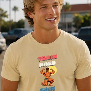 Man wearing Train Hard Gain Easy t-shirt from Boondrift