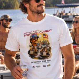 Man wearing white Boondrift Sports Pontoon Combat t-shirt from Boondrift.